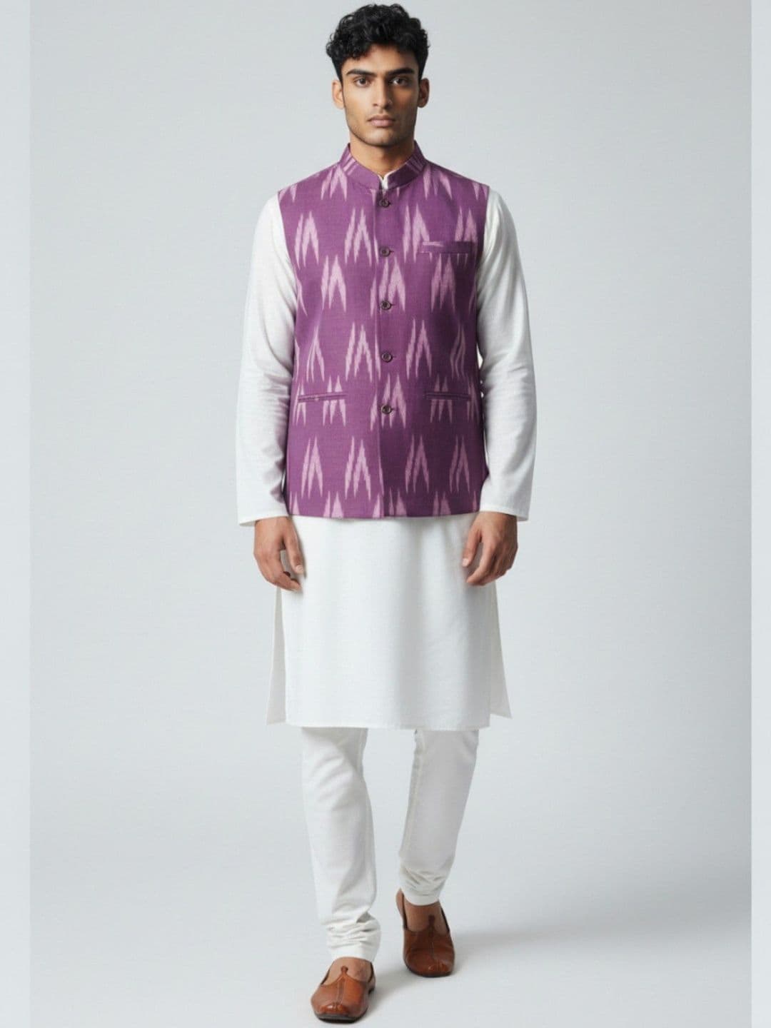PRETANSHAH Ikat Printed Cotton Mandarin Collar Neck Woven Nehru Jackets - view 1