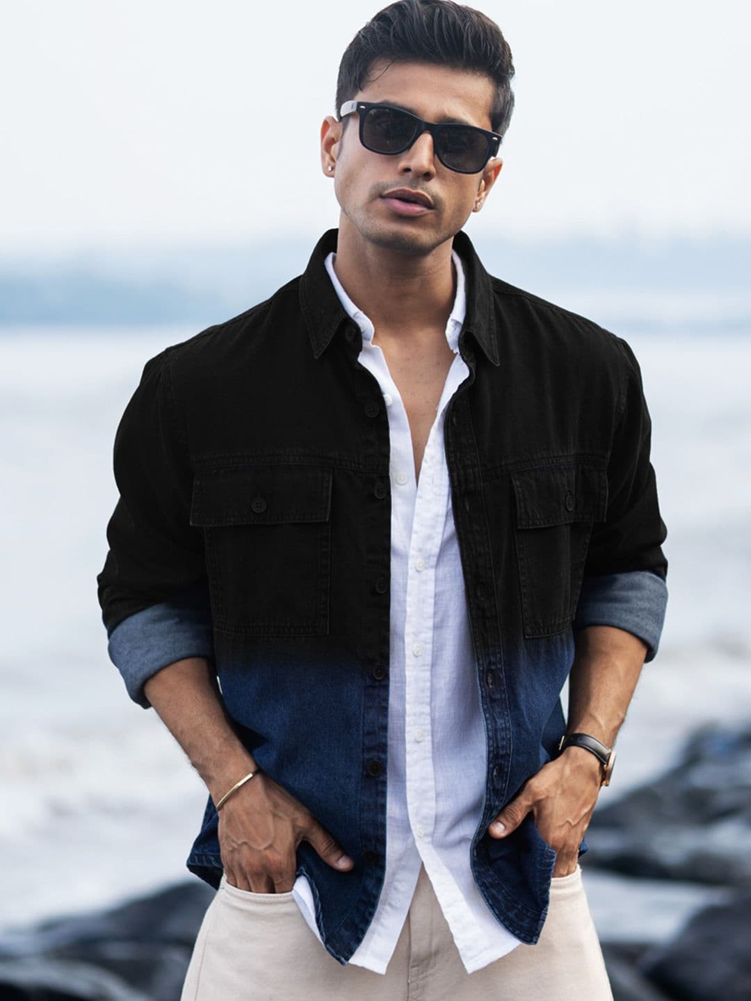 Powerlook Ombre Denim Printed Cotton Long Sleeves Shirt - view 1
