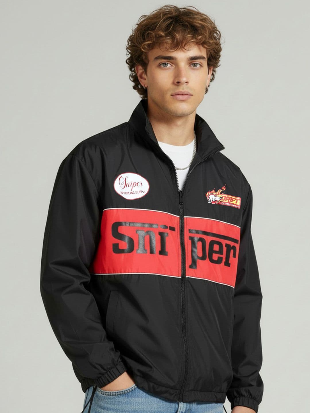 glitchez Typography Printed Mock Collar Windcheater Bomber Jacket - view 1