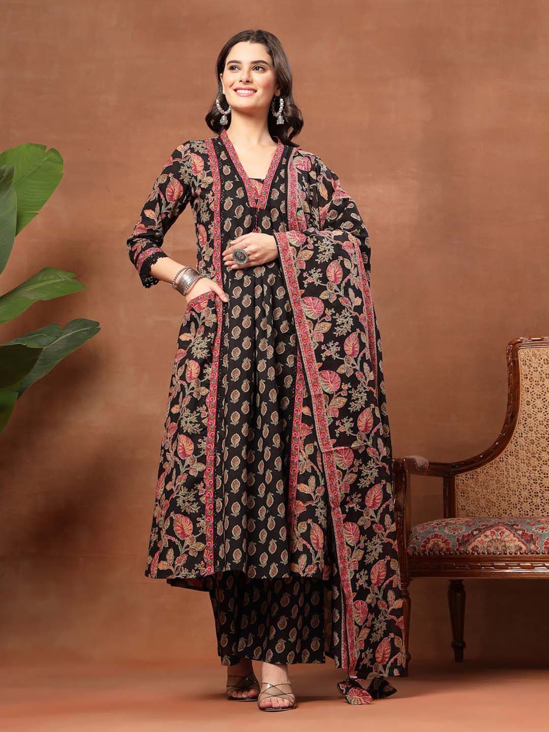 KIMAYRA Women Floral Printed Panelled Pure Cotton Kurta with Trousers & With Dupatta - view 1