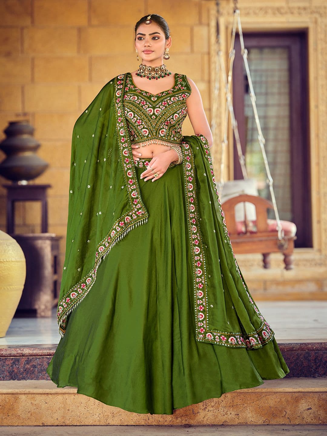 Warthy Ent Embroidered Thread Work Ready to Wear Lehenga & Unstitched Blouse With Dupatta - view 1