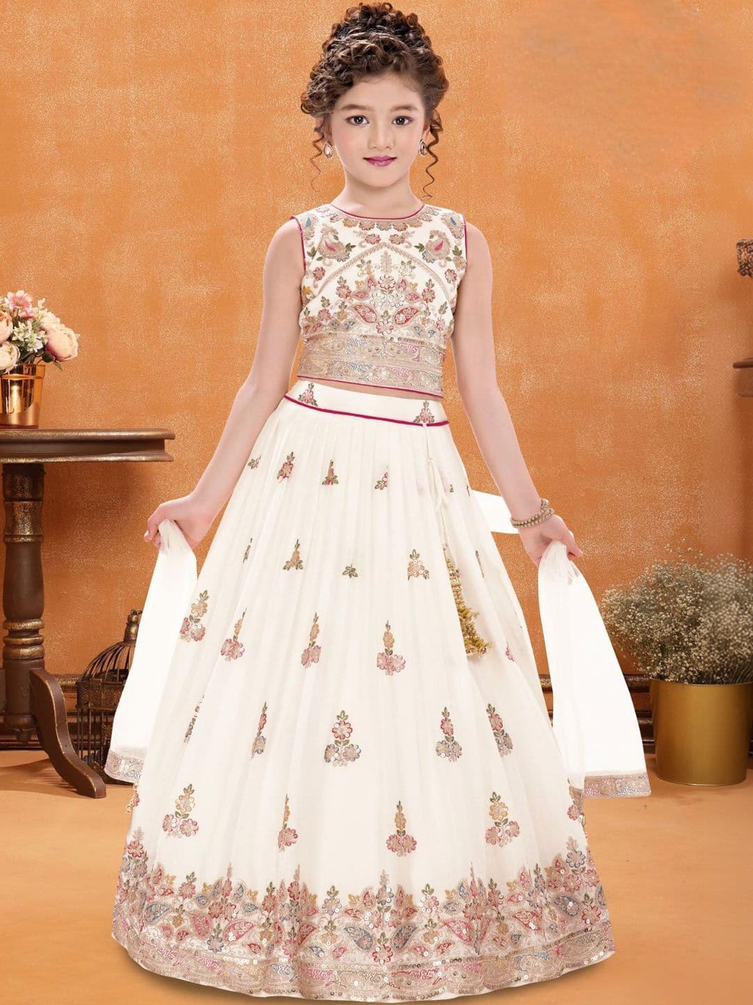 Lagorii Girls Embroidered Sequinned Semi-Stitched Lehenga & Blouse With Dupatta - view 1
