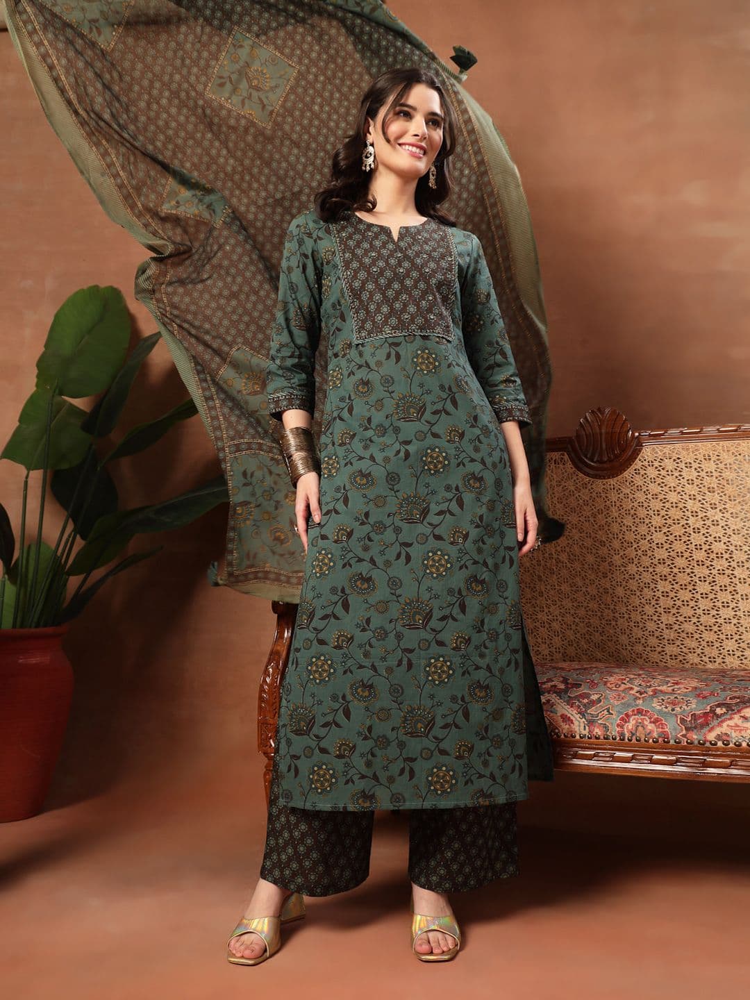 KIMAYRA Women Floral Printed Regular Pure Cotton Kurta with Palazzos & With Dupatta - view 1