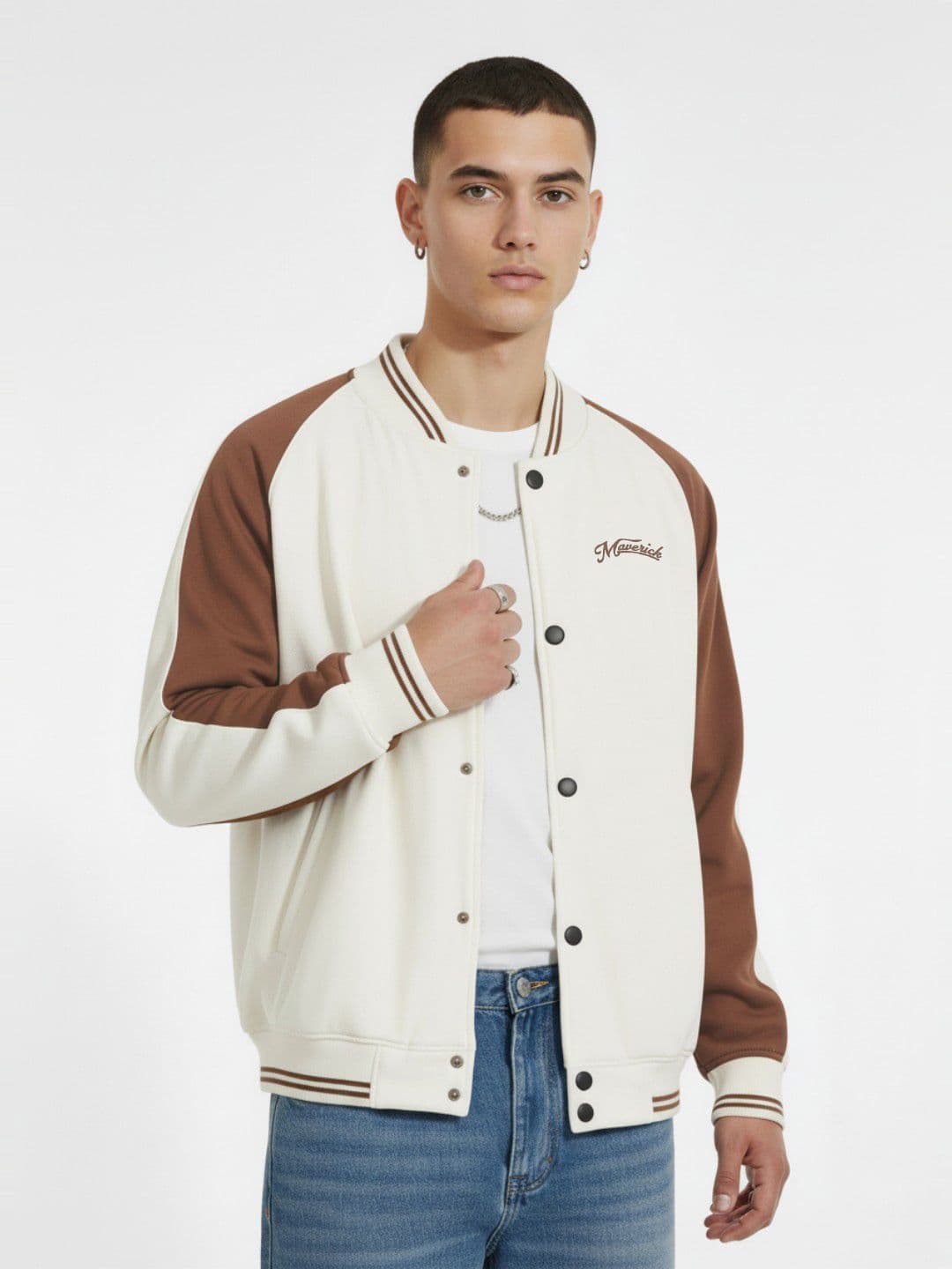 glitchez Stand Collar Fleece Relaxed Fit Varsity Jacket - view 1