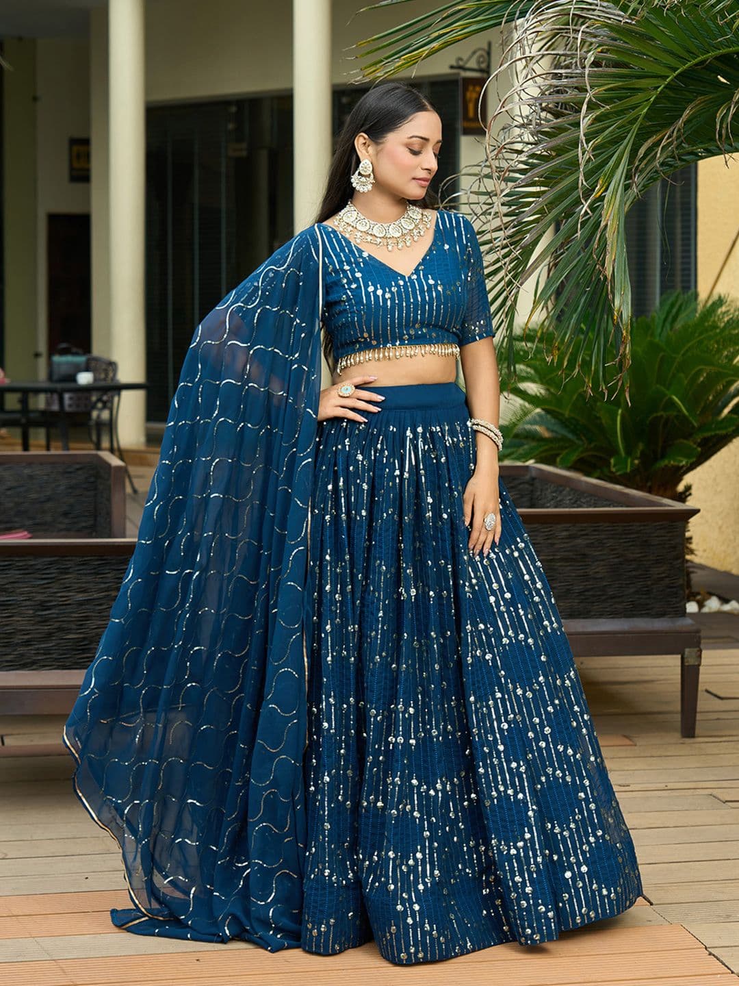 KALINI Embellished Sequinned Semi-Stitched Lehenga & Blouse With Dupatta - view 1