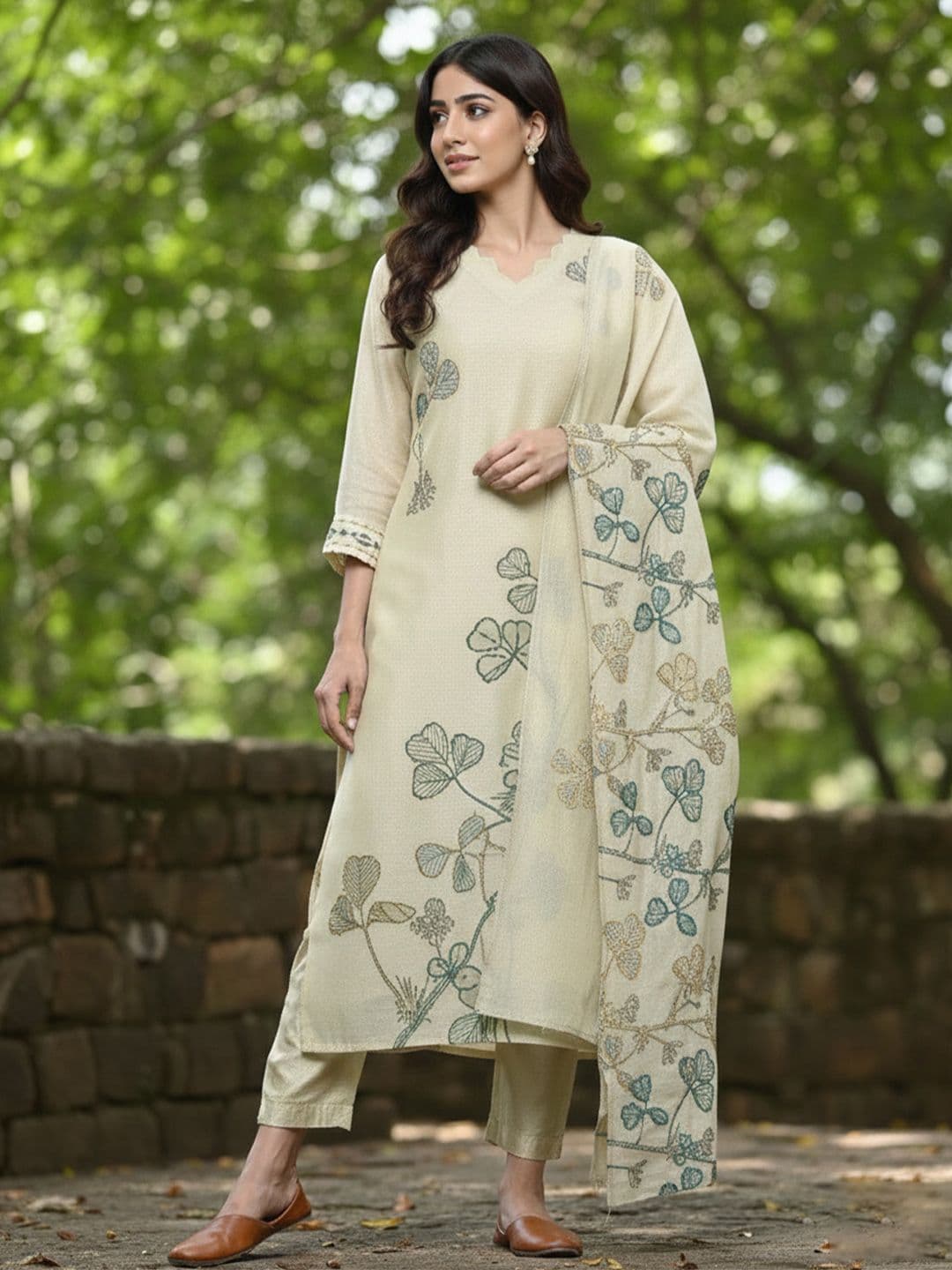 Varanga Women Floral Embroidered Thread Work Chanderi Cotton Kurta with Trousers & Dupatta - view 1