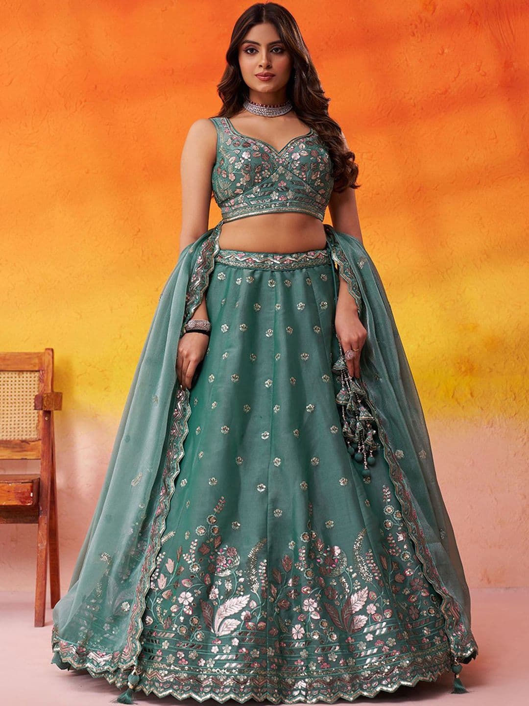 panchhi Sequinned Embroidered Organza Lehenga Choli With Dupatta - view 1