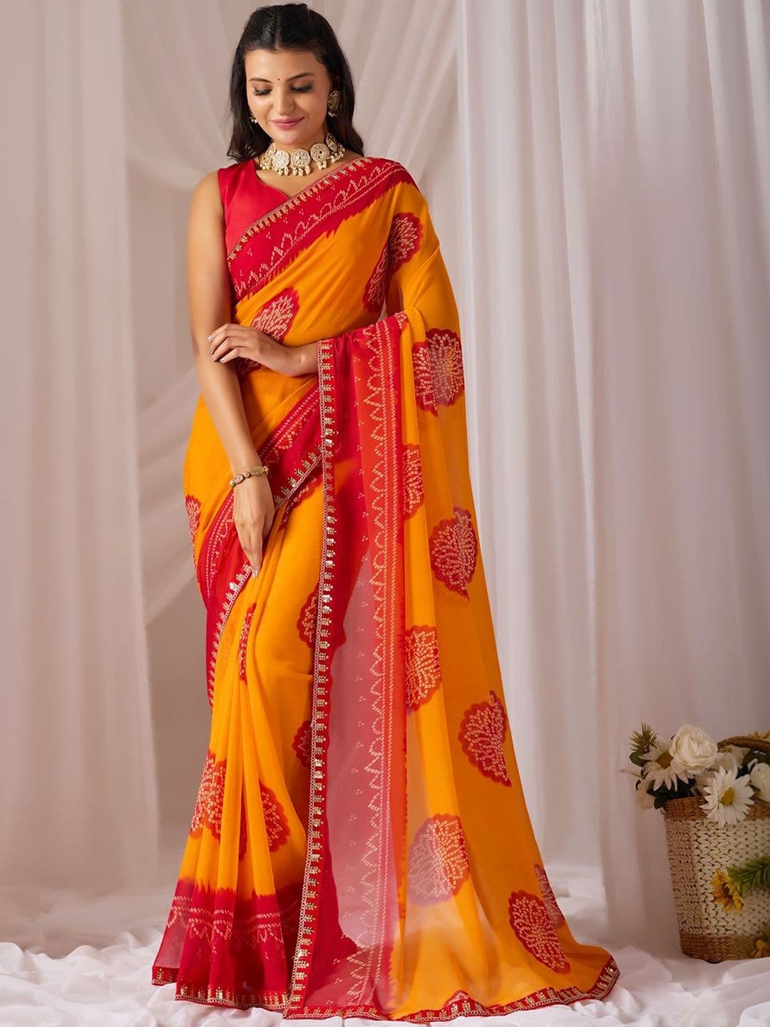 TINA FASHION Ethnic Motifs Mirror Work Poly Georgette Bandhani Saree - view 1