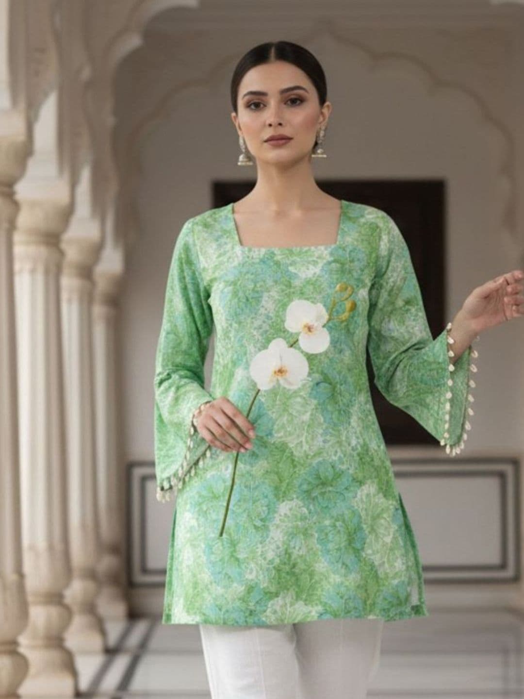 OZIA Floral Printed Square Neck Flared Sleeves Pure Cotton Kurti - view 1