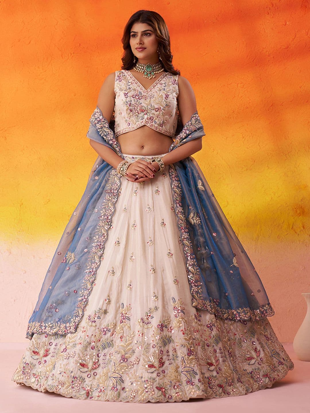 panchhi Sequinned Embroidered Tissue Lehenga Choli With Dupatta - view 1