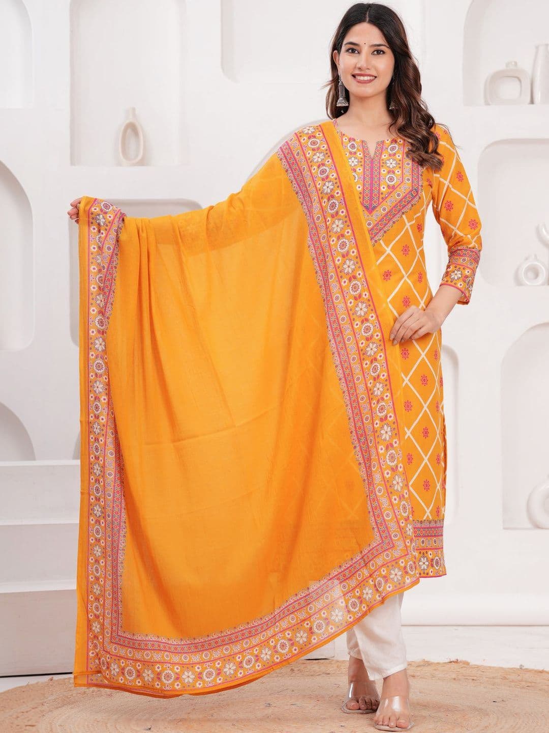 HERE&NOW Women Mustard Pure Cotton Ethinc Print Straight Fit Kurta with Dupatta - view 1