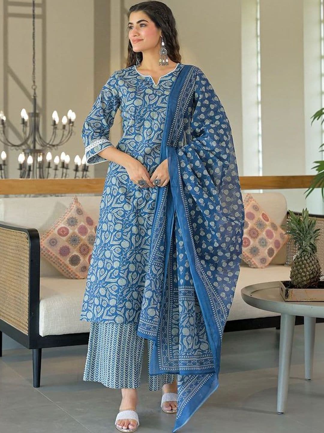 Moda Rapido Women Floral Printed Regular Chanderi Cotton Kurta with Palazzos & With Dupatta - view 1