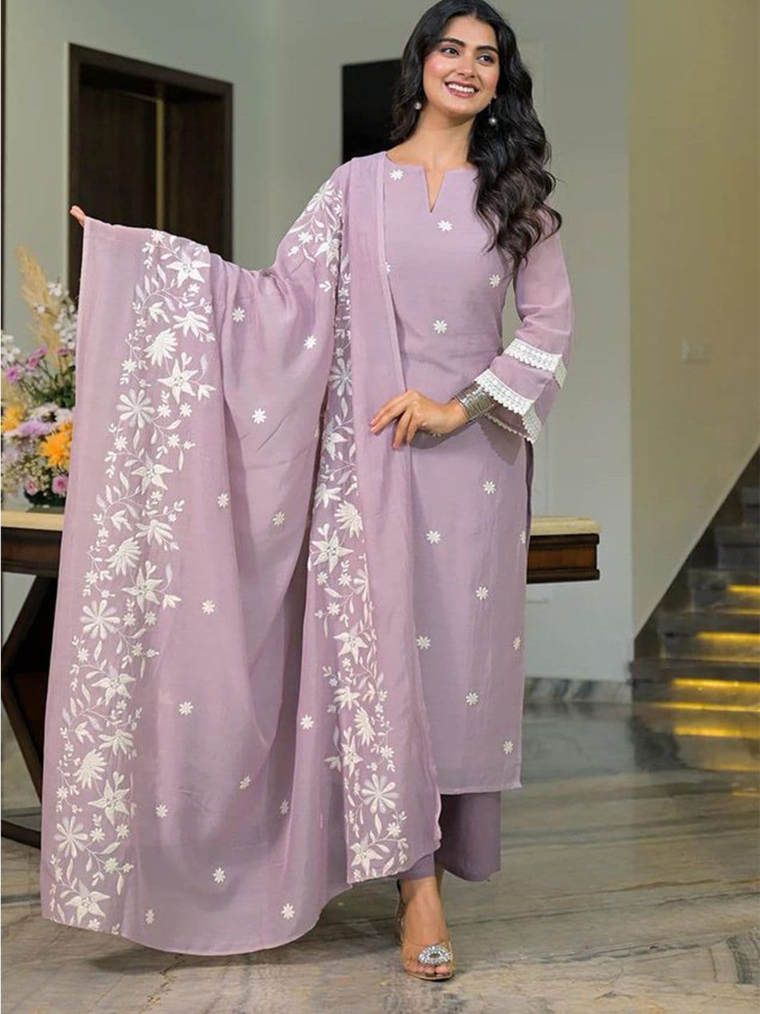 Moda Rapido Women Ethnic Motifs Embroidered Regular Chikankari Chanderi Cotton Kurta with Trousers & With - view 1