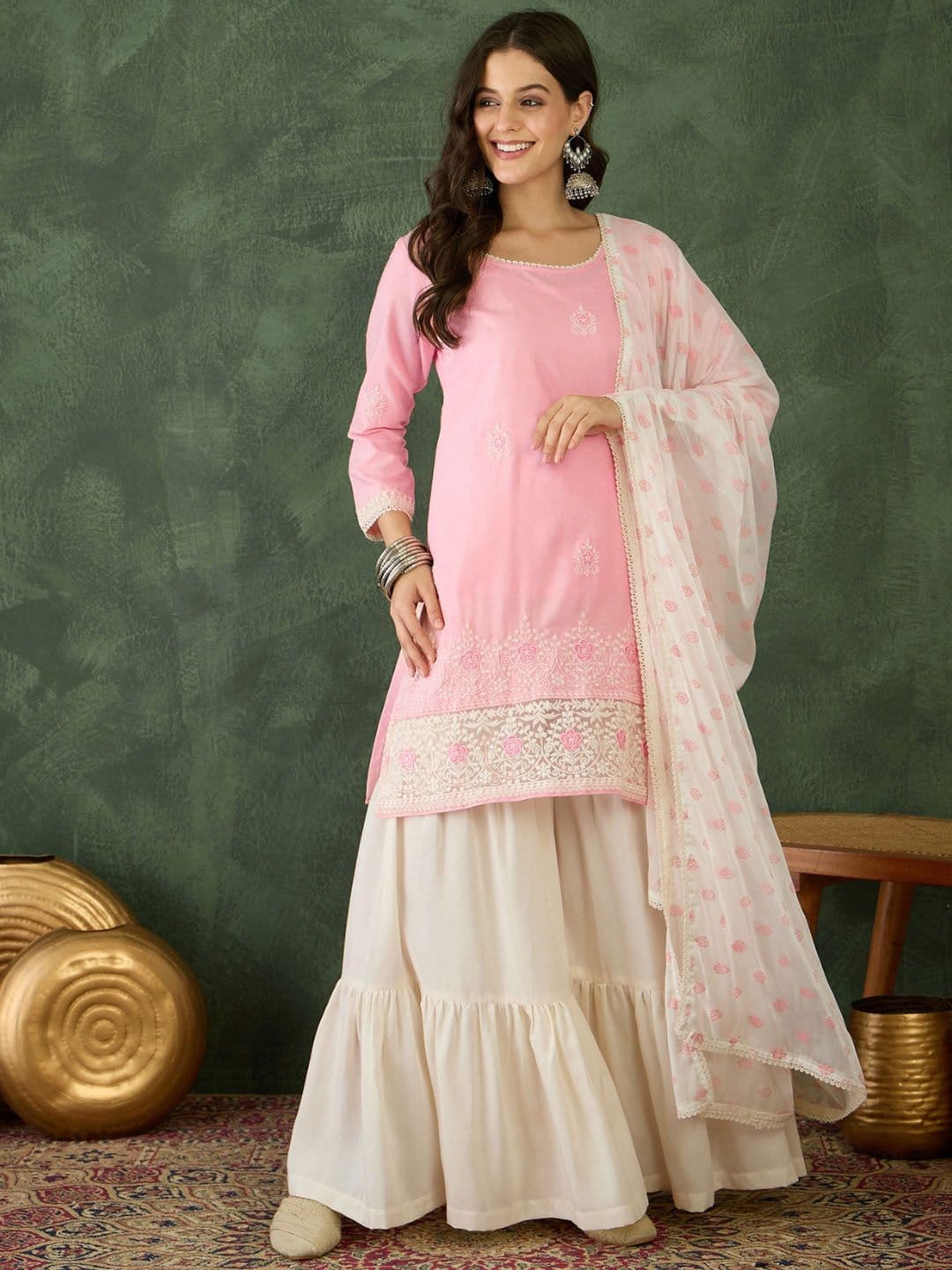 KALINI Women Ethnic Motifs Embroidered Regular Thread Work Kurta with Sharara & With Dupatta - view 1