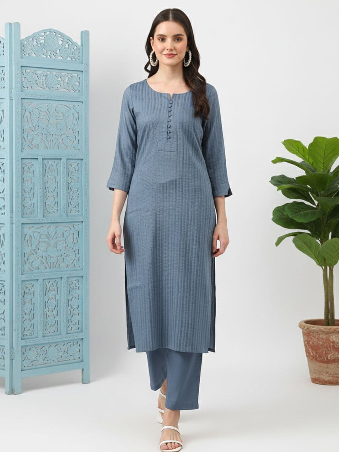 KALINI Striped Round Neck Kurta with Trousers - view 1