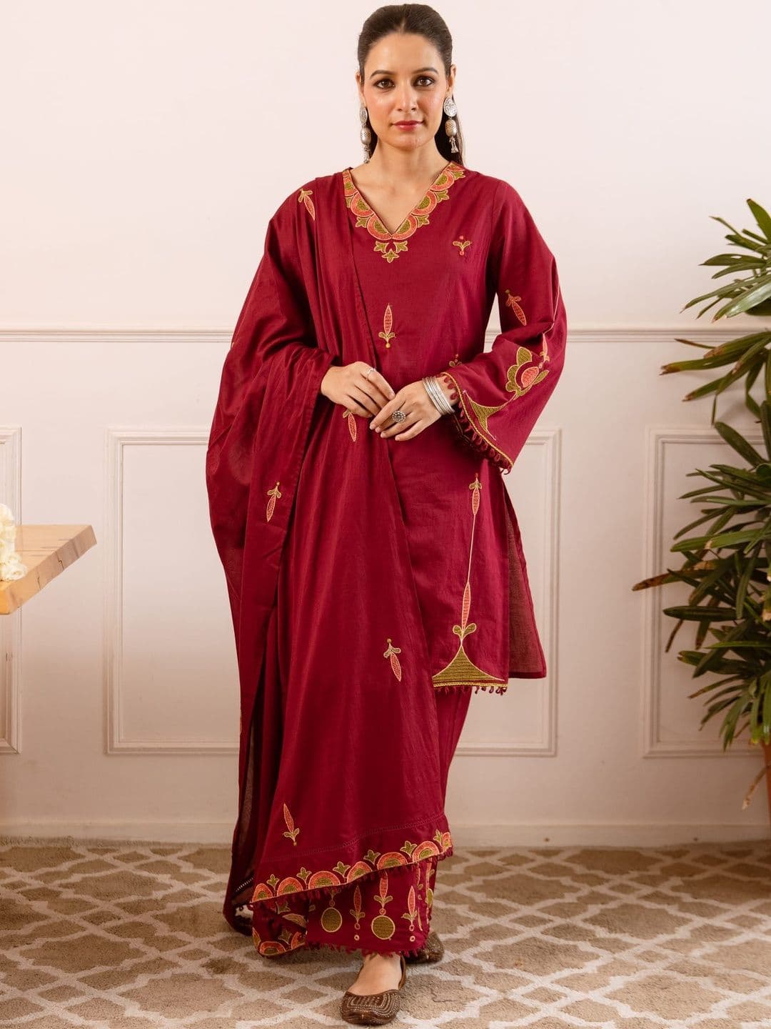 Sangria Embroidered Pure Cotton V-Neck Kurta & Trousers with Dupatta - view 1