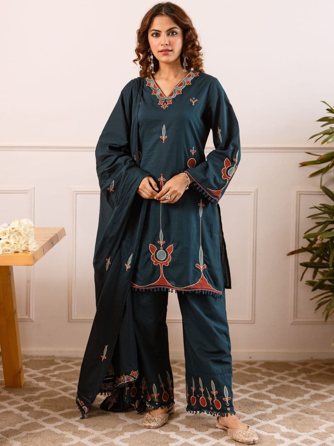 Sangria Embroidered Pure Cotton V-Neck Kurta & Trousers With Dupatta - view 1
