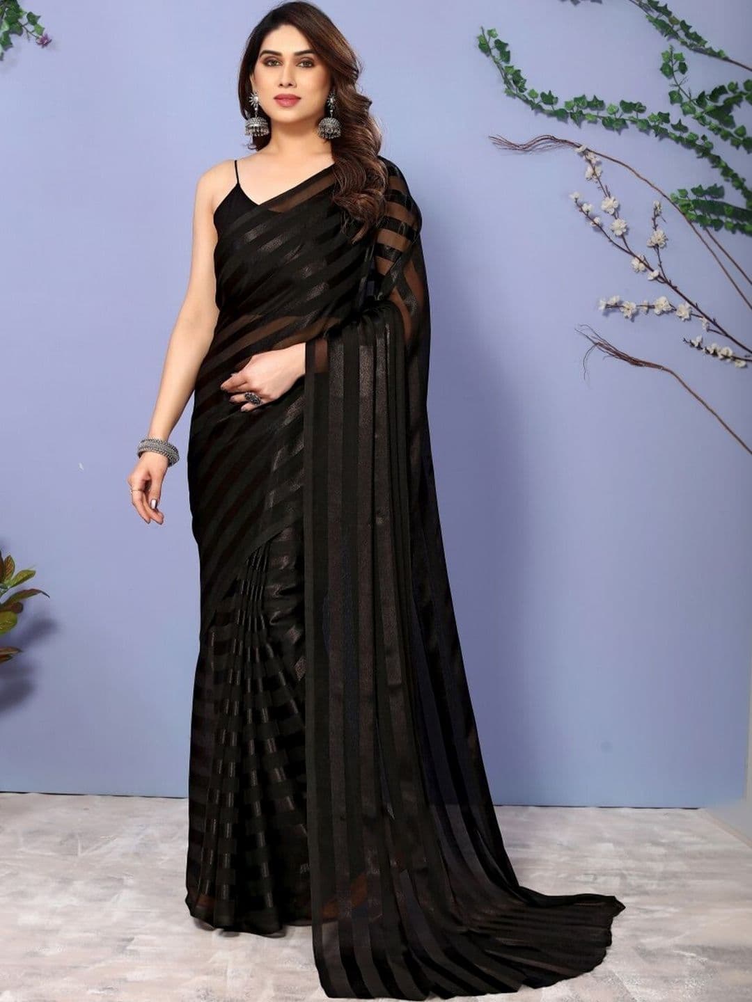 STYLE MODA Striped Satin Belted Saree - view 1