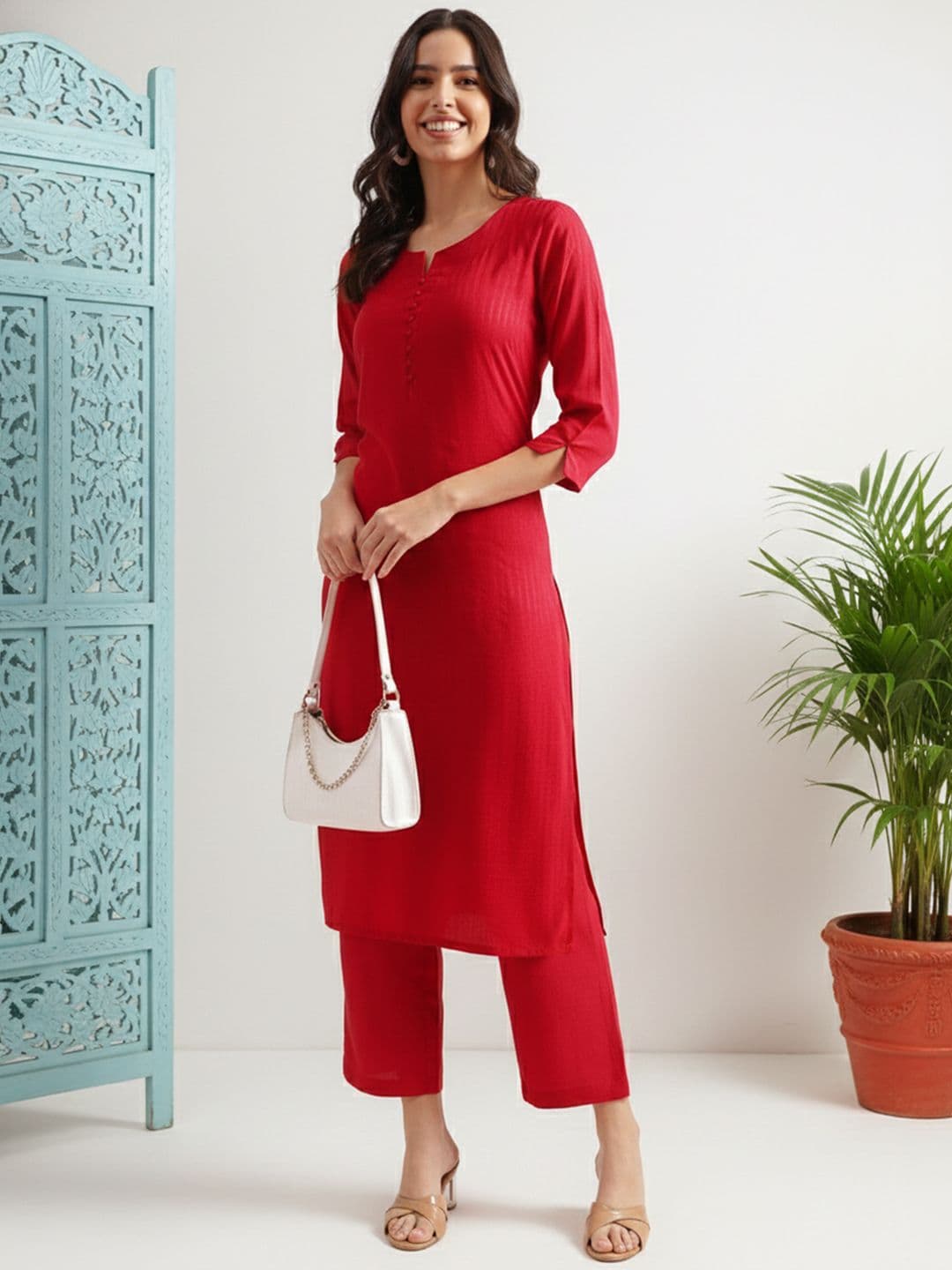 KALINI Striped Thread Work Kurta with Trousers - view 1