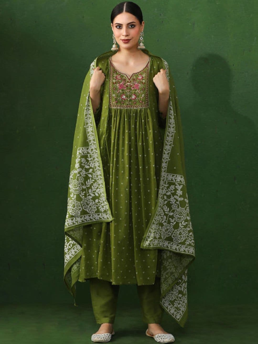 PARTHVI Women Ethnic Motifs Printed Empire Aari Work Pure Cotton Kurta with Trousers & With Dupatta - view 1
