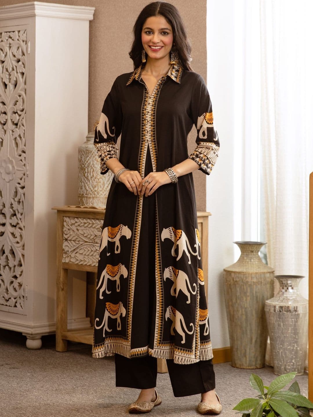 Sangria Printed Pure Cotton A-Line Kurta With Trousers - view 1