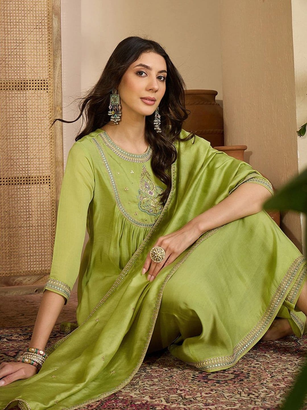 Sangria Zari Sequence Thread Embroidered Kurta With Trousers & Dupatta - view 1