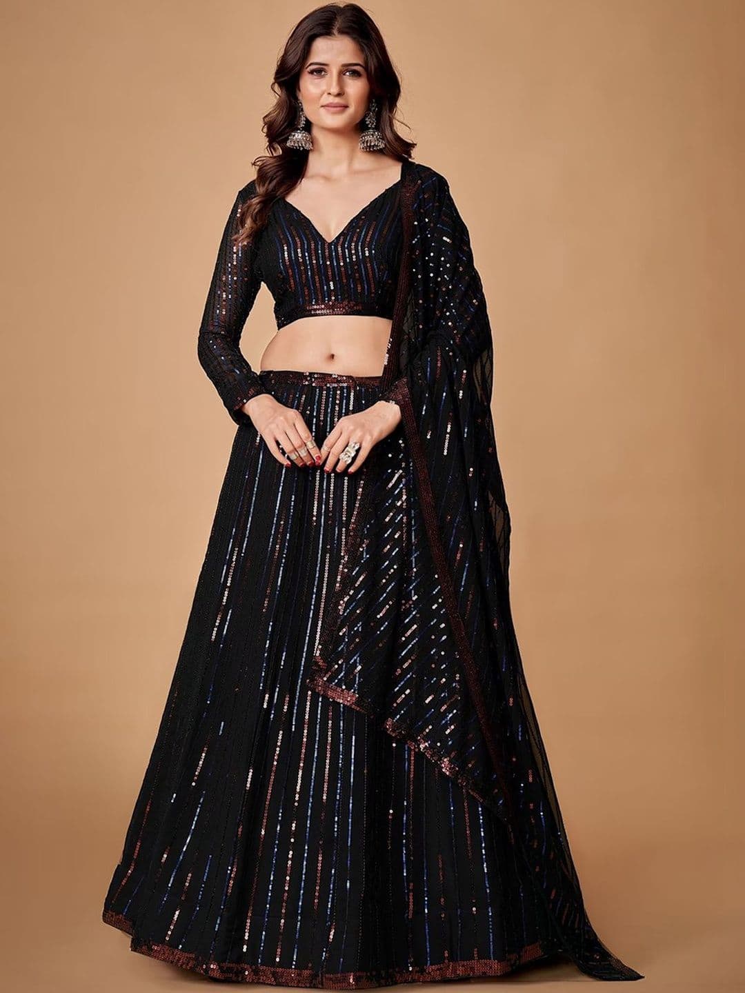 ETHNIC PLUS Sequinned Embroidered Silk Lehenga Choli With Dupatta - view 1