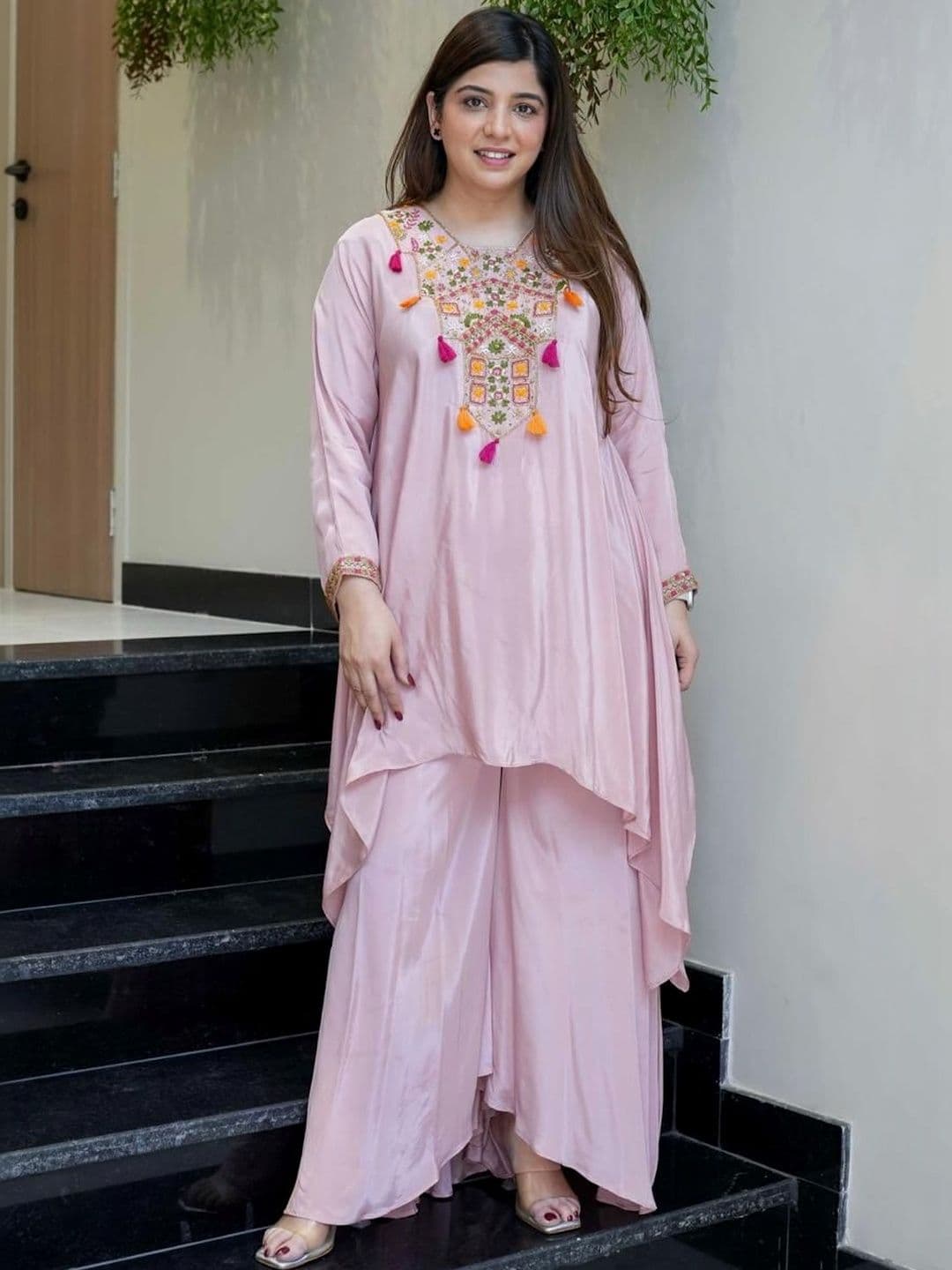 Growdamy Pink Embroidered V-Neck Tunic & Palazzos Co-Ords - view 1