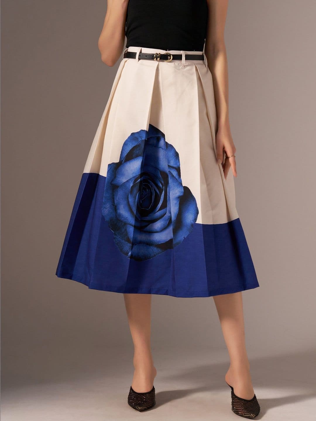 AASK Blue Printed Pure Cotton Midi Flared Pleated Skirts - view 1