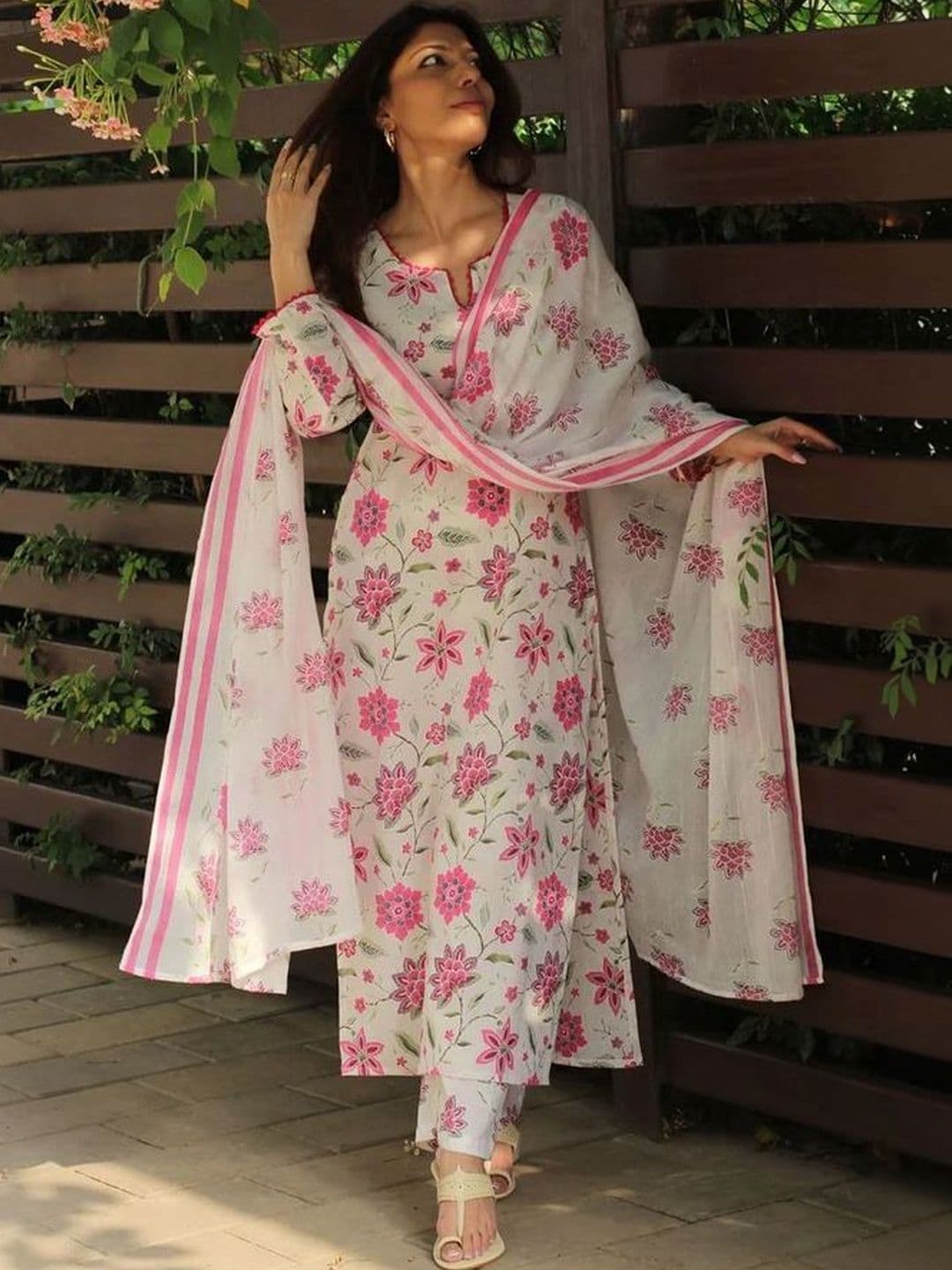 Moda Rapido Women Floral Printed Regular Chanderi Cotton Kurta with Trousers & With Dupatta - view 1