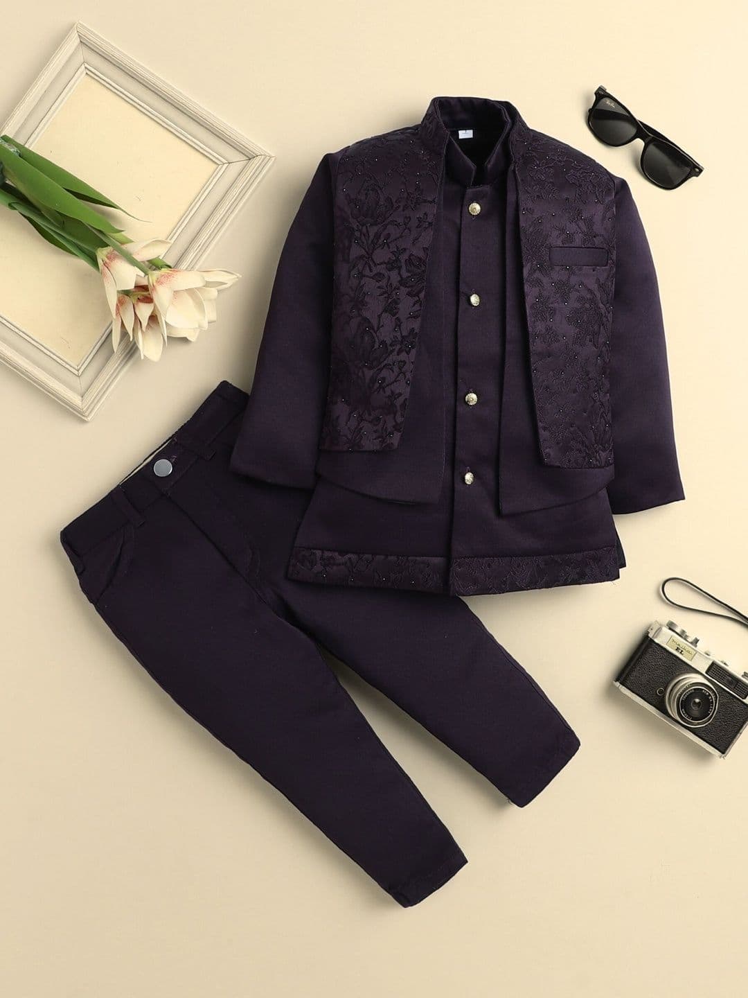 Sangria Boys Beads Embellished Floral Motifs Sherwani Set