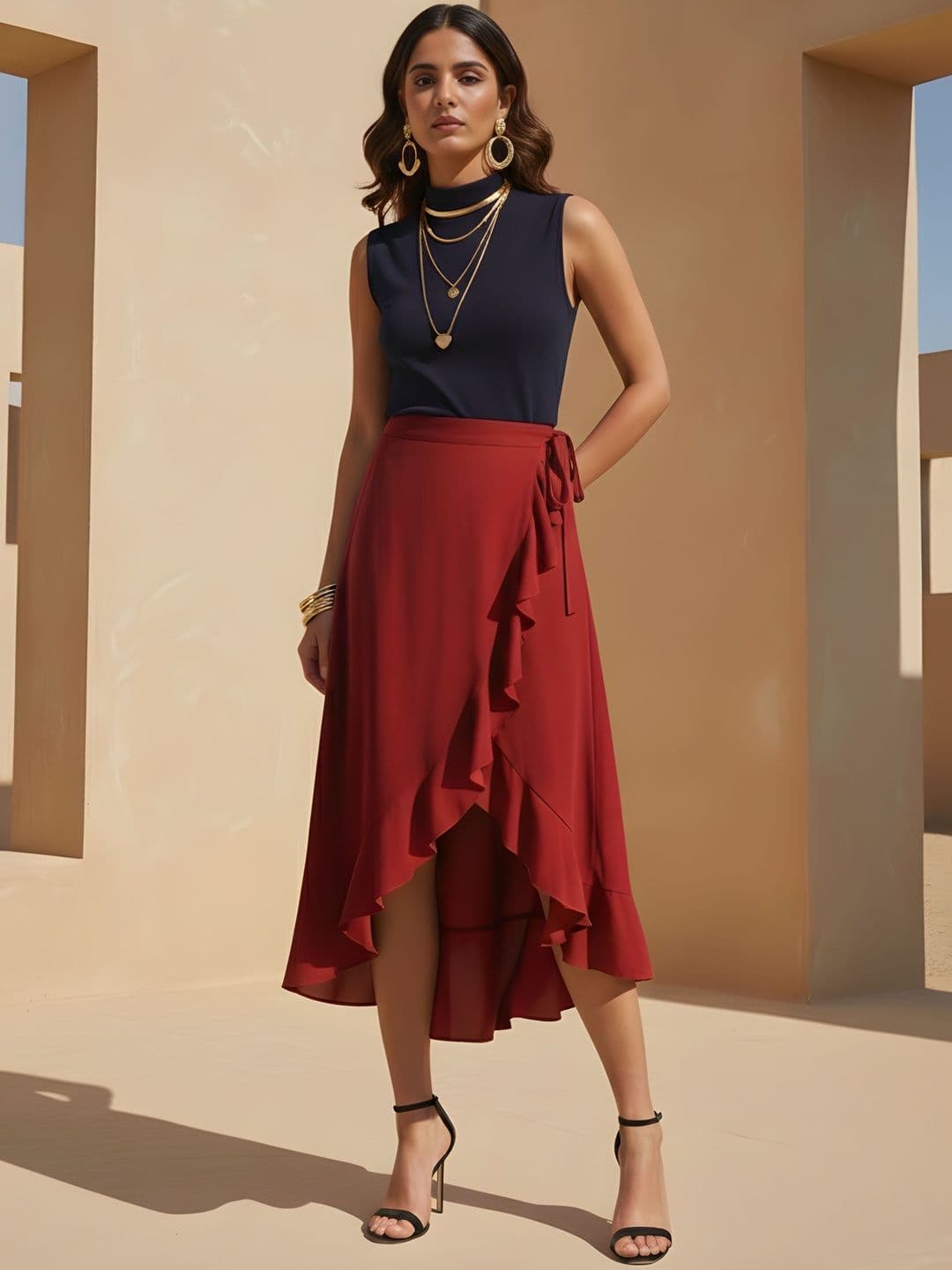 Dora Dori Maroon Flared Wrap Midi Skirt - view 1