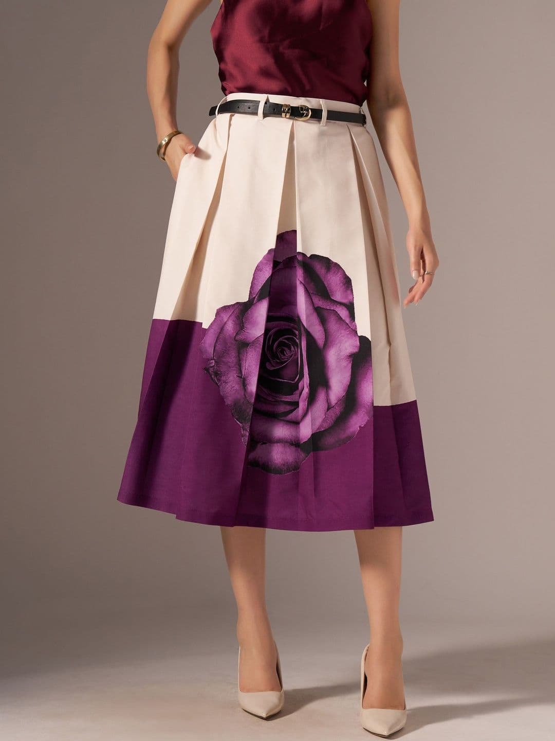 AASK Wine Printed Pure Cotton Midi Flared Pleated Skirts - view 1