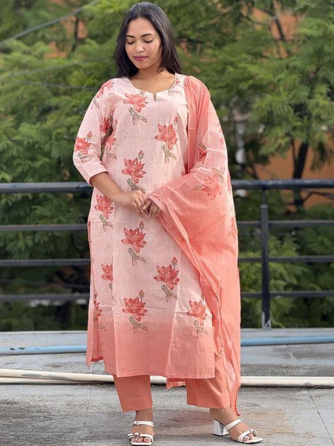 Moda Rapido Women Floral Printed Regular Chanderi Cotton Kurta with Trousers & With Dupatta - view 1