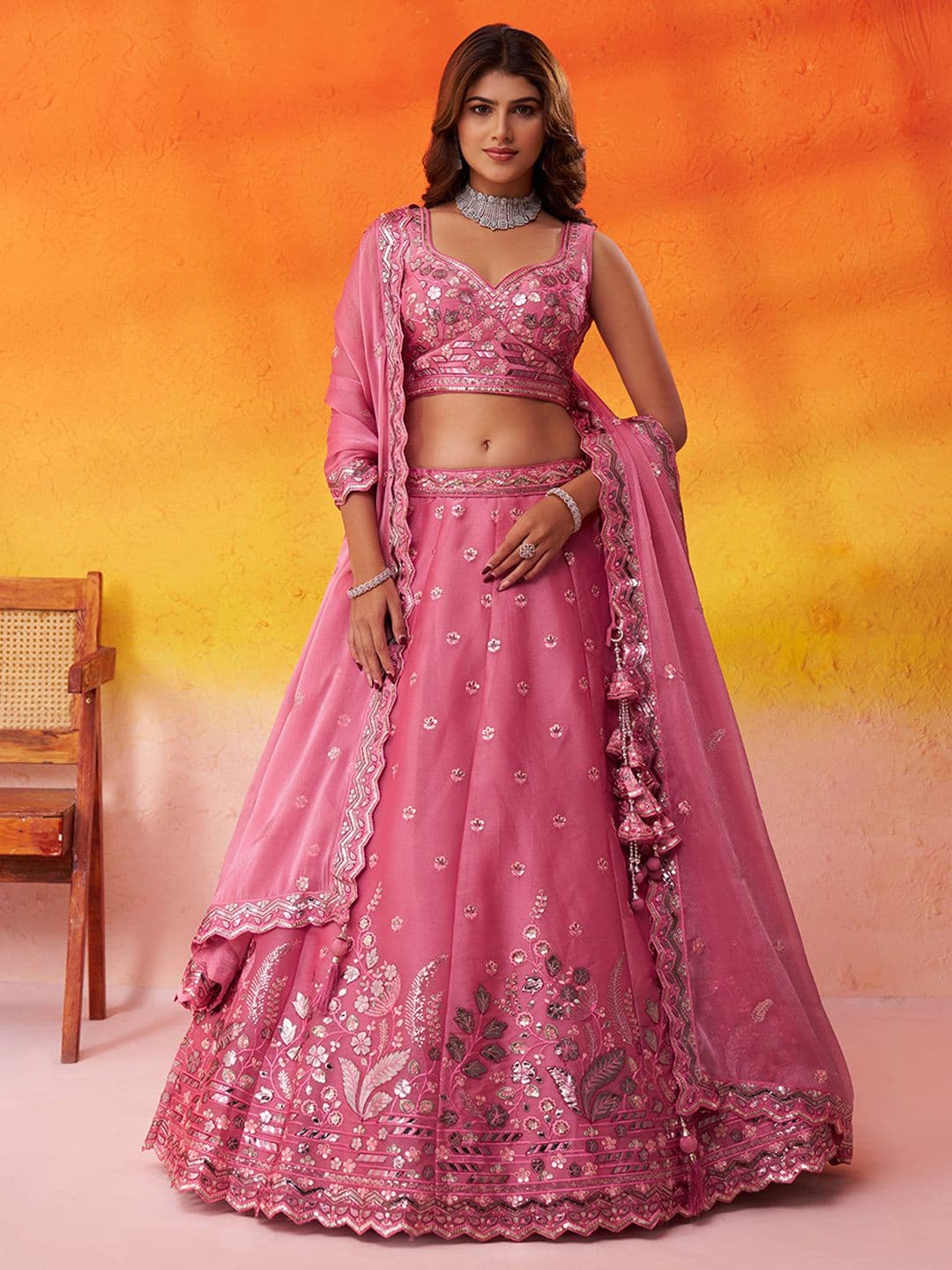 panchhi Sequinned Embroidered Organza Lehenga Choli With Dupatta - view 1