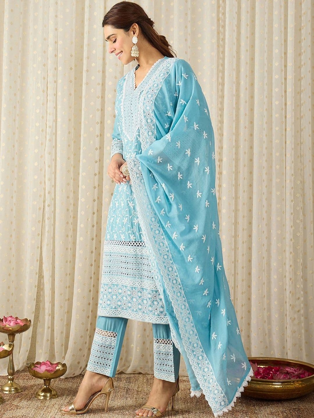 Indo Era Women Ethnic Motifs Embroidered Regular Thread Work Pure Cotton Kurta with Trousers & With Dupatta - view 1