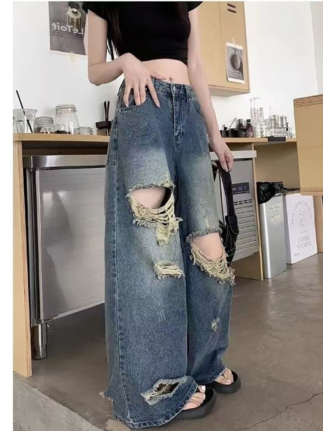 StyleCast Women Wide Leg High-Rise Low Distress Light Fade Jeans - view 1