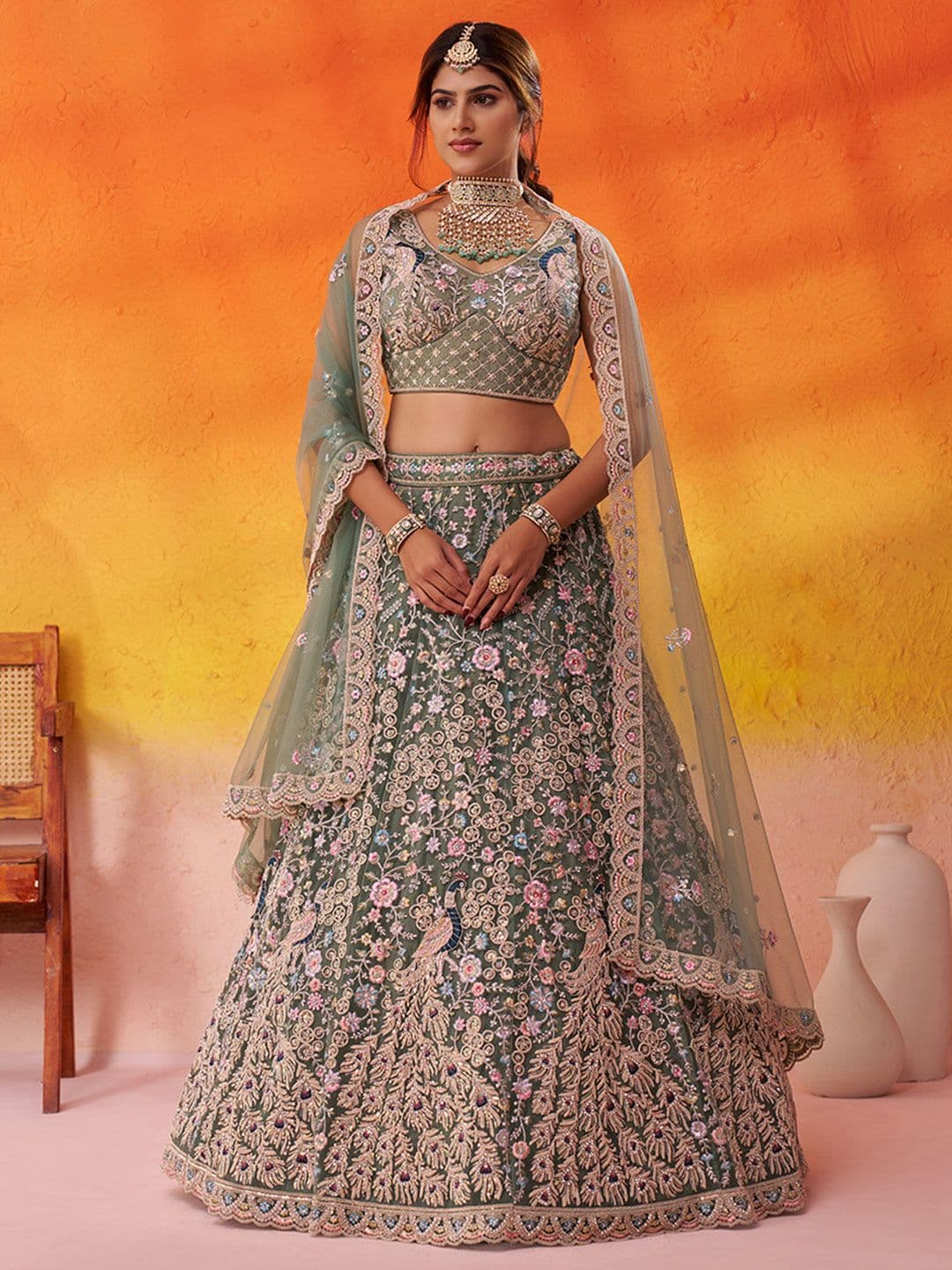 panchhi Sequinned Embroidered Lehenga Choli With Dupatta - view 1