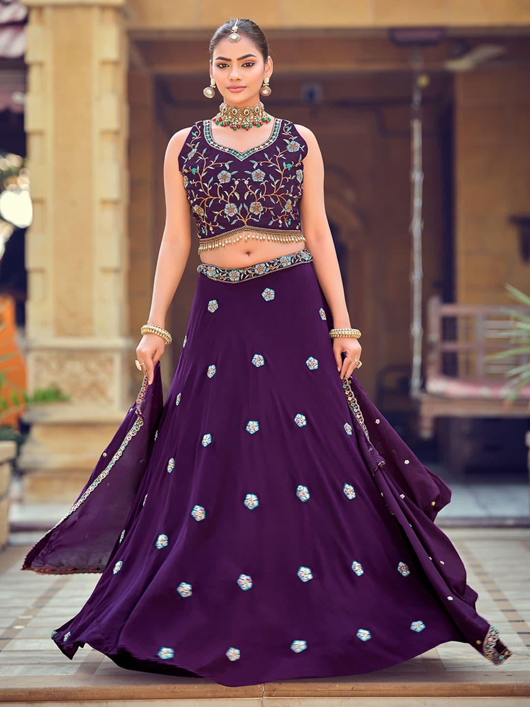 KALINI Embroidered Sequinned Semi-Stitched Lehenga & Blouse With Dupatta - view 1