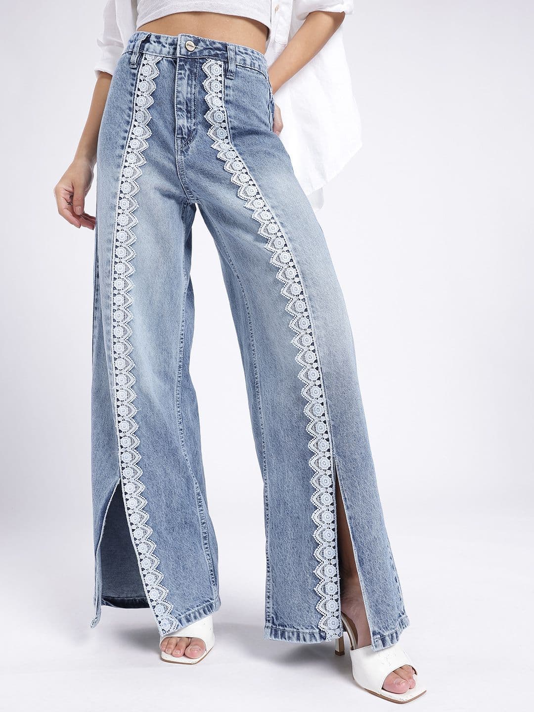 glitchez Women Wide Leg Lace & Slits Detail Panelling Heavy Fade Jeans - view 1
