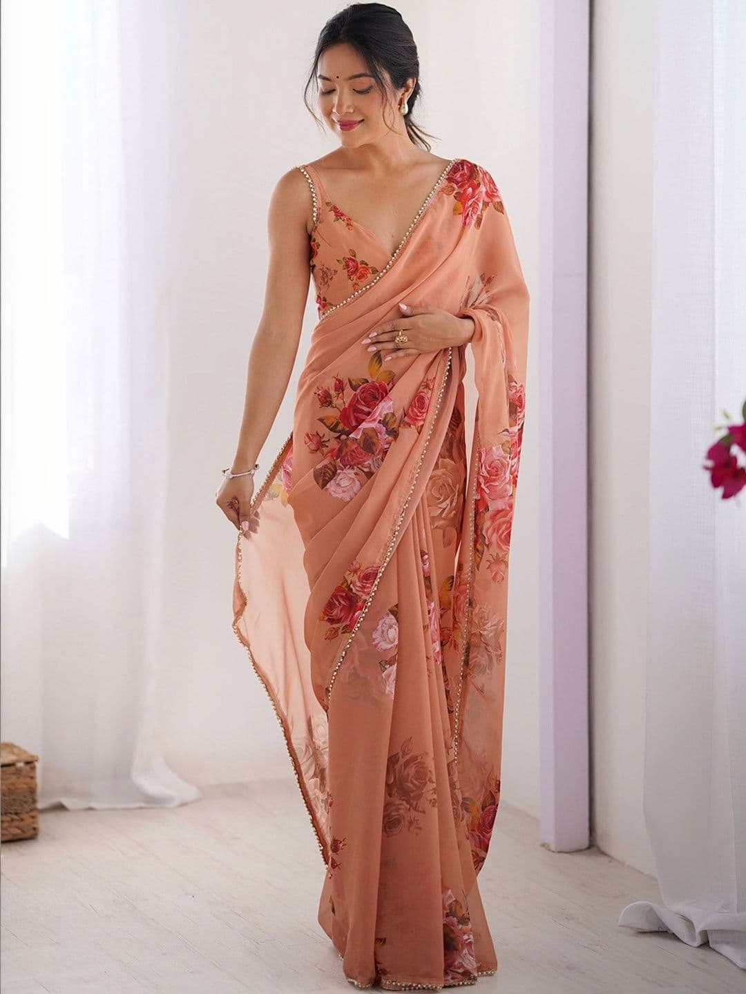 Mitera Floral Beads and Stones Poly Georgette Designer Saree - view 1