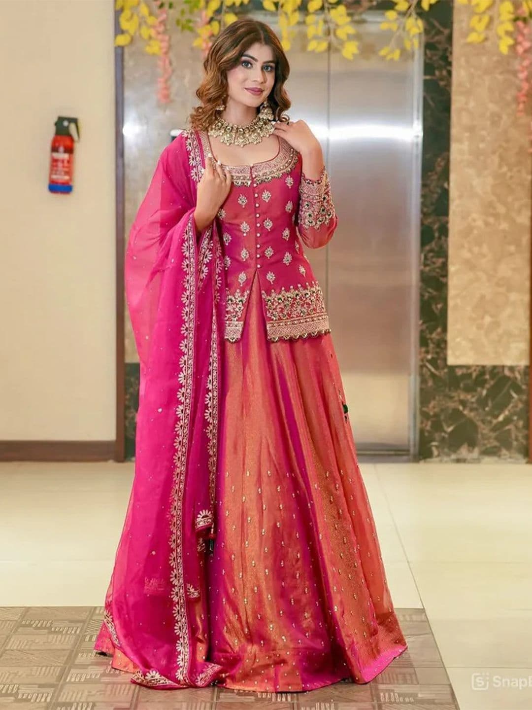 Piludi Women Ethnic Motifs Embroidered Panelled Chanderi Silk Kurta with Skirt & With Dupatta - view 1