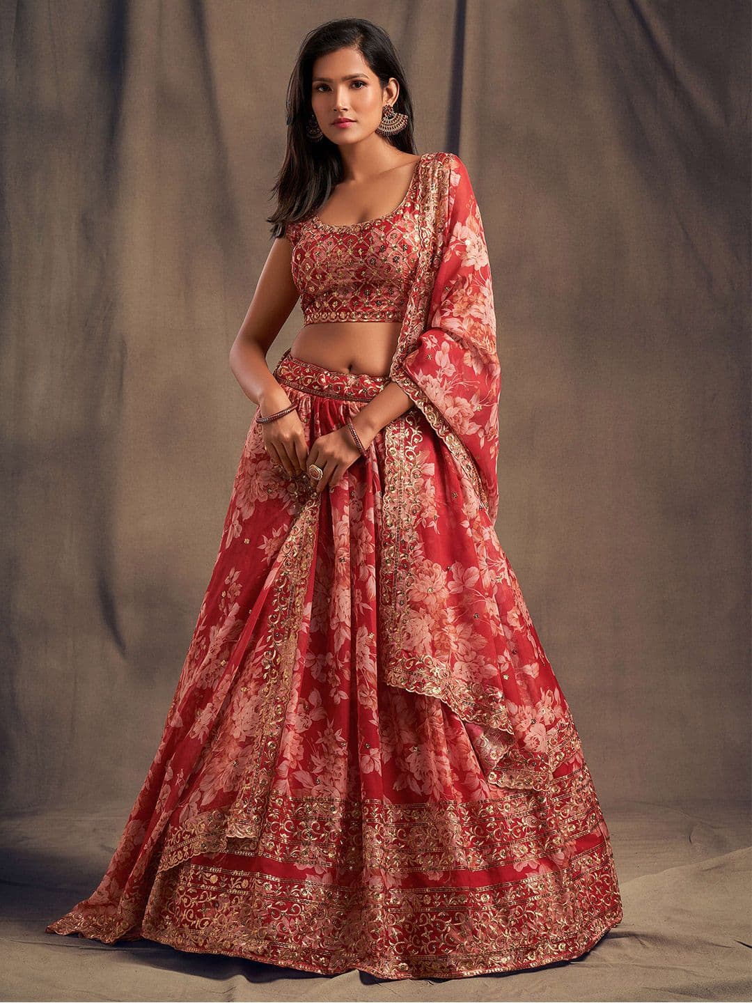 ETHNIC PLUS Women Floral Printed Semi-Stitched Lehenga & Unstitched Blouse With Dupatta - view 1
