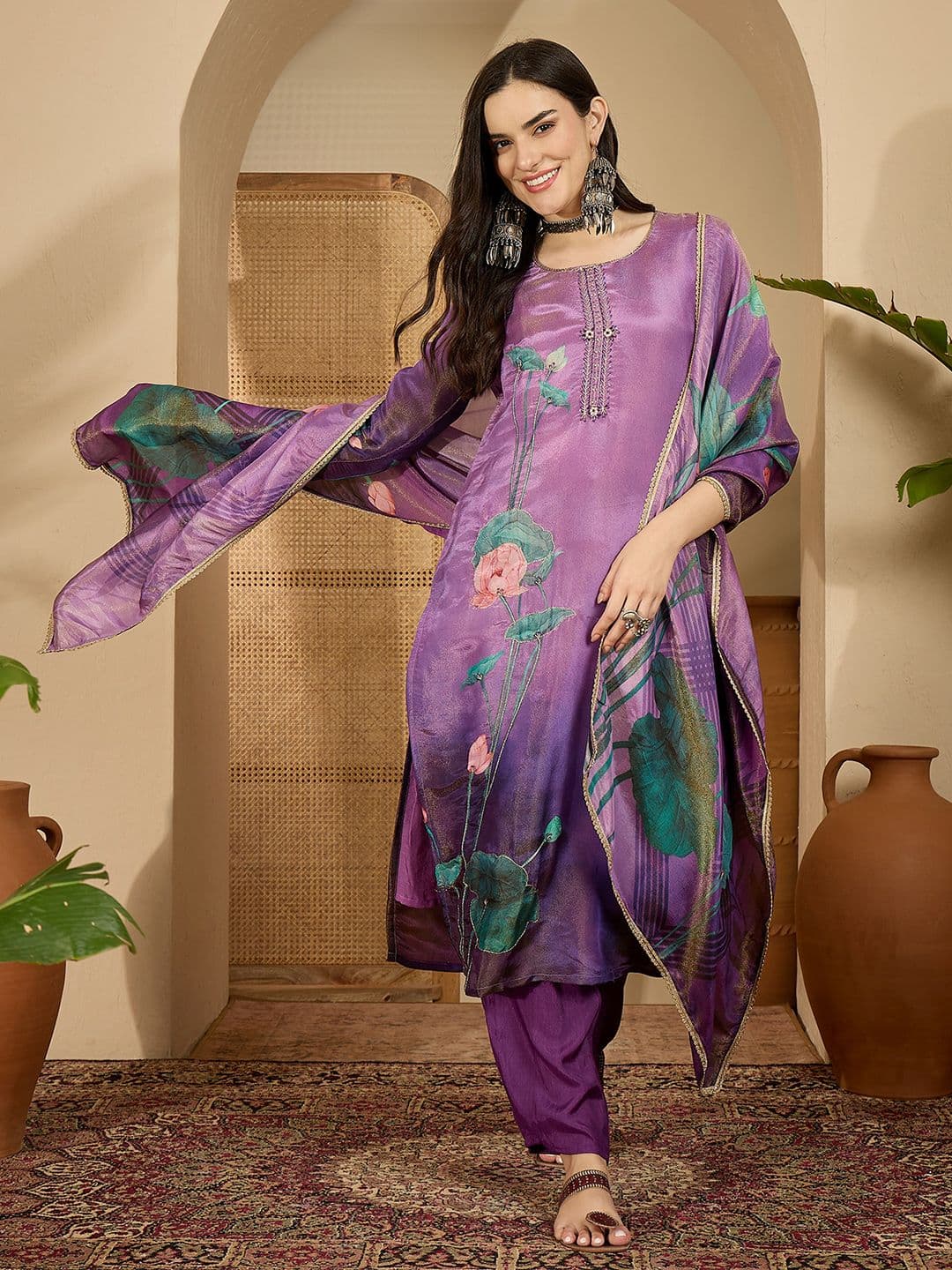 Sangria Printed Straight Kurta & Trousers With Dupatta - view 1