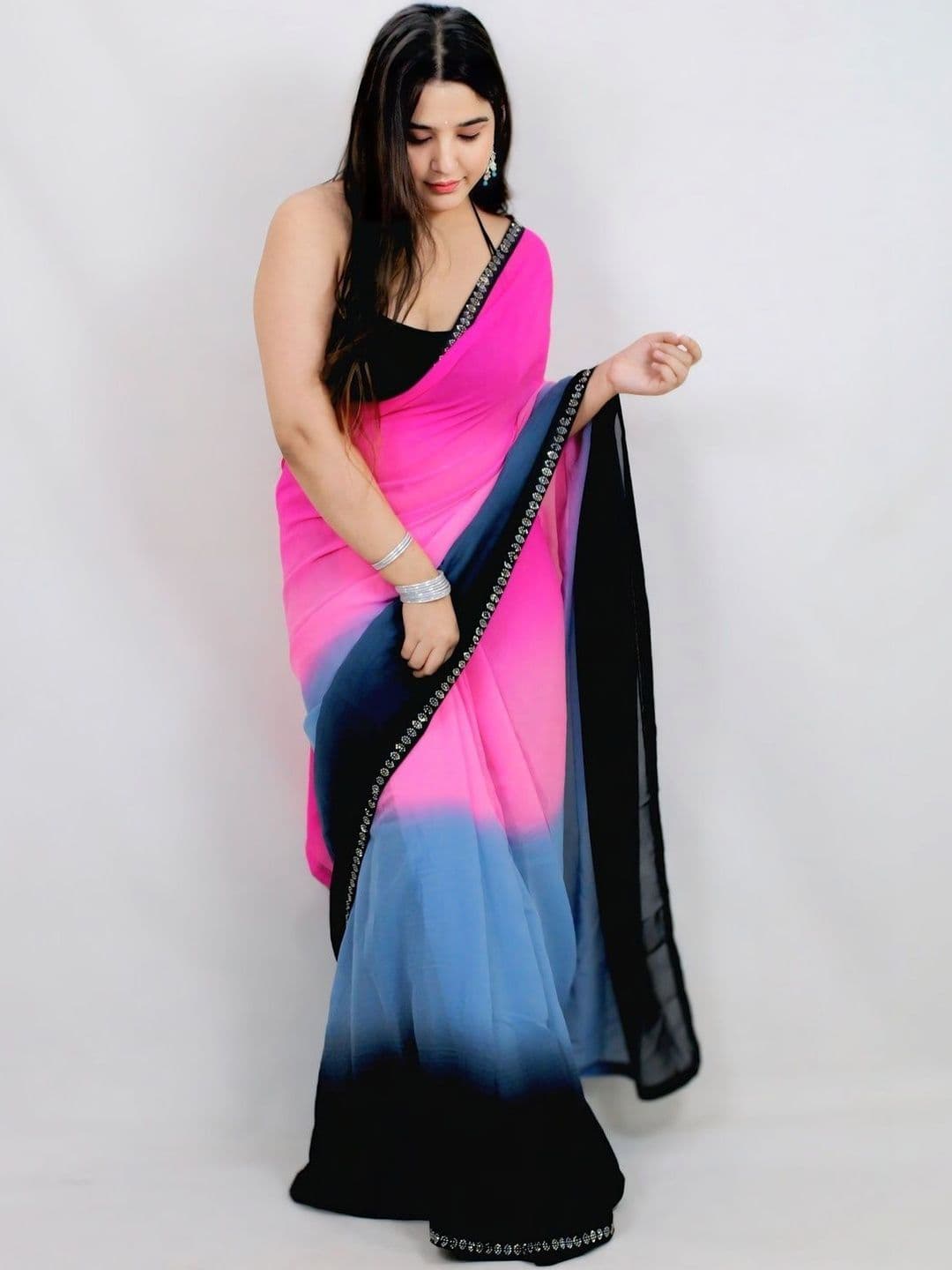 STYLE MODA Ombre Sequinned Poly Georgette Designer Saree - view 1