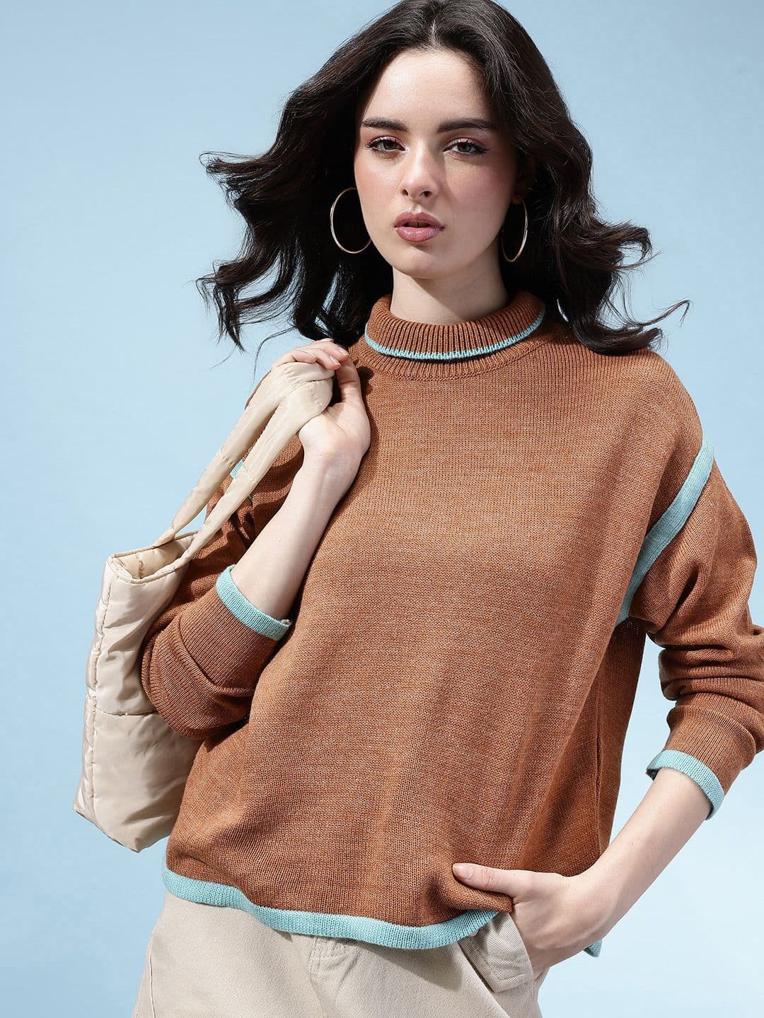glitchez Contrasting Edges Turtle Neck Drop-Sleeves Acrylic Relaxed Fit Pullover - view 1
