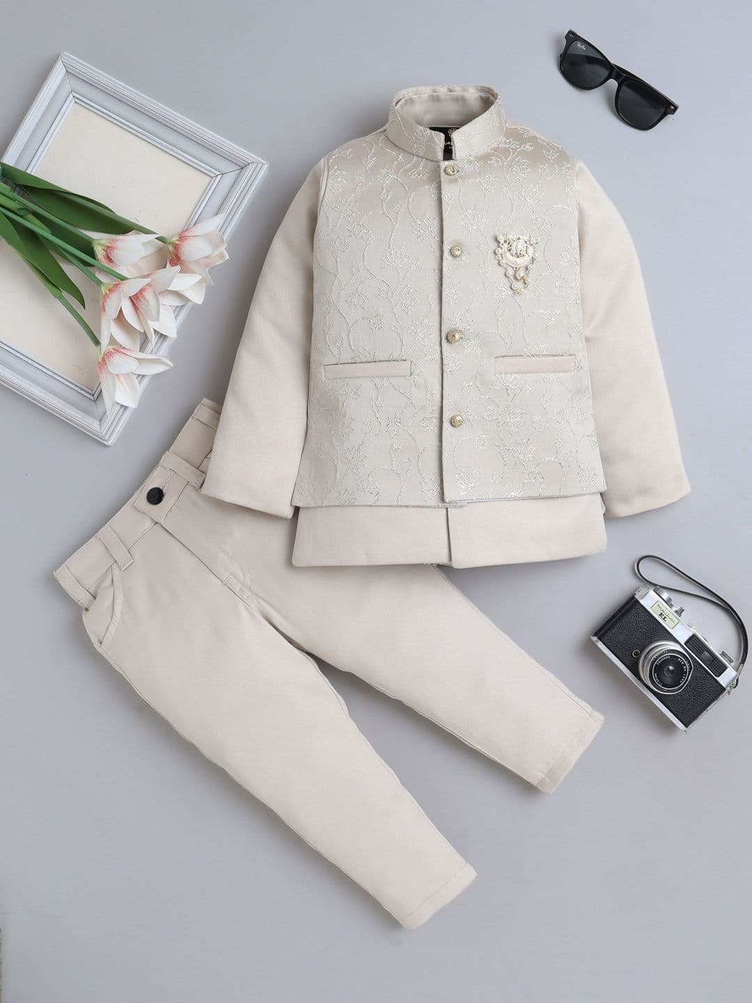 FOURFOLDS Boys Brocade Mandarin Collar Sherwani