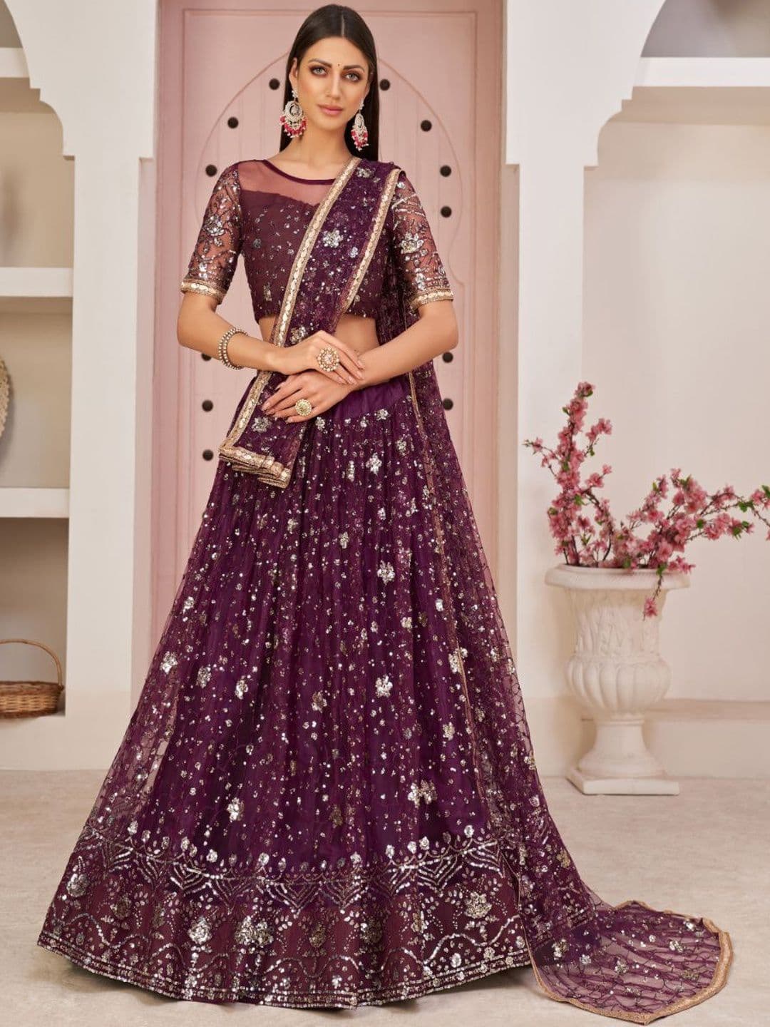 EthniQlo Wine Sequined Party Wear Lehenga Choli - view 1