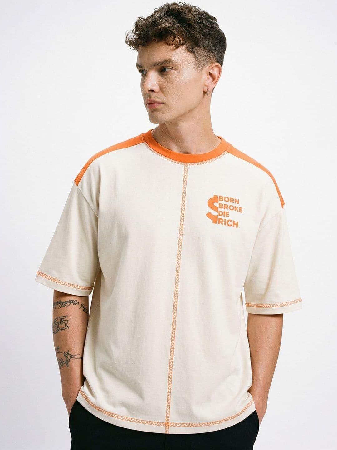 Crazymonk Born Broke Die Printed Cotton Round Neck Short Sleeves Oversized T-shirt - view 1