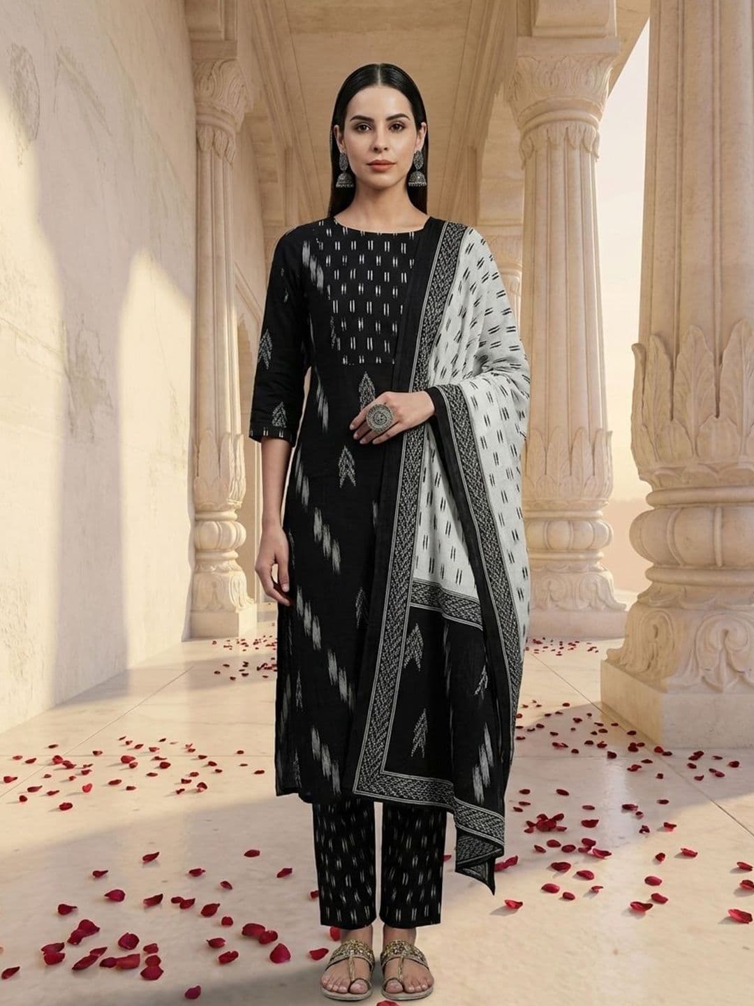 Yuris Women Black & White Printed Kurta with Trousers & Dupatta - view 1